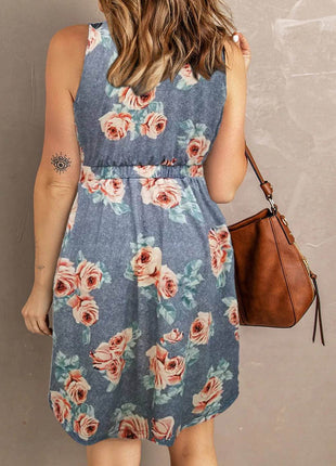 Double Take Printed Scoop Neck Sleeveless Buttoned Magic Dress with Pockets - MimiStylez