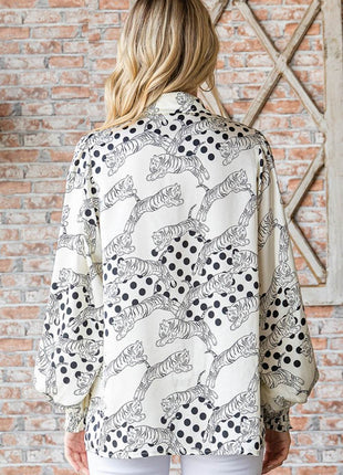 First Love Tiger Print Collared Neck Long Sleeve Satin Shirt - MimiStylez