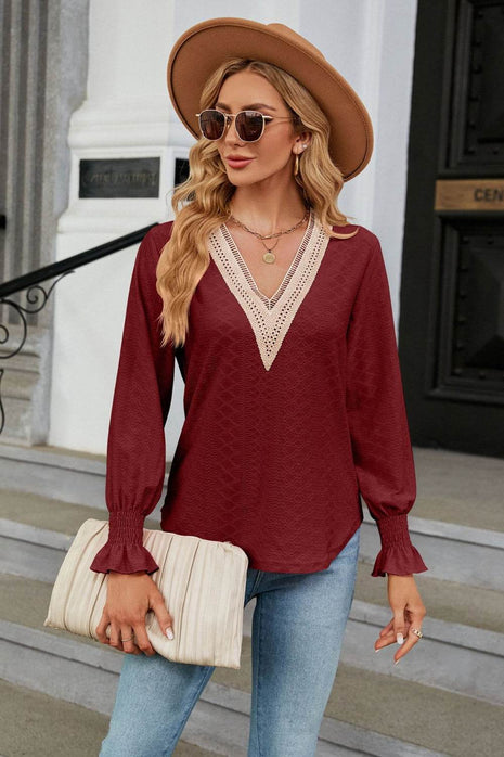 V-Neck Flounce Sleeve Blouse - MimiStylez