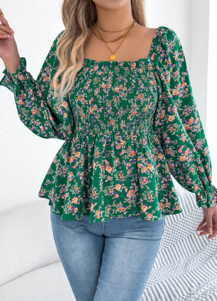 Floral Square Neck Flounce Sleeve Blouse - MimiStylez