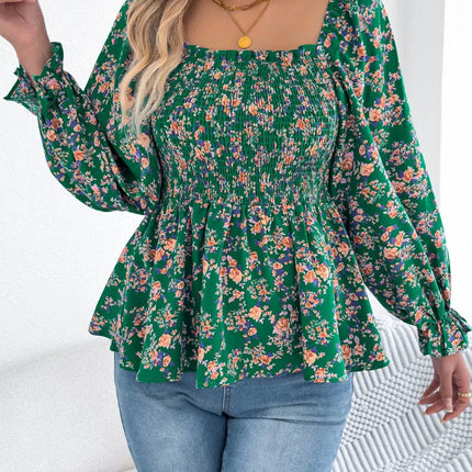 Floral Square Neck Flounce Sleeve Blouse - MimiStylez
