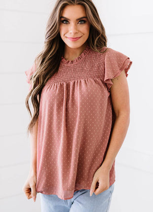 Polka Dot Smocked Flutter Sleeve Blouse - MimiStylez