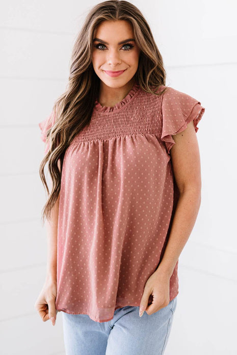 Polka Dot Smocked Flutter Sleeve Blouse - MimiStylez