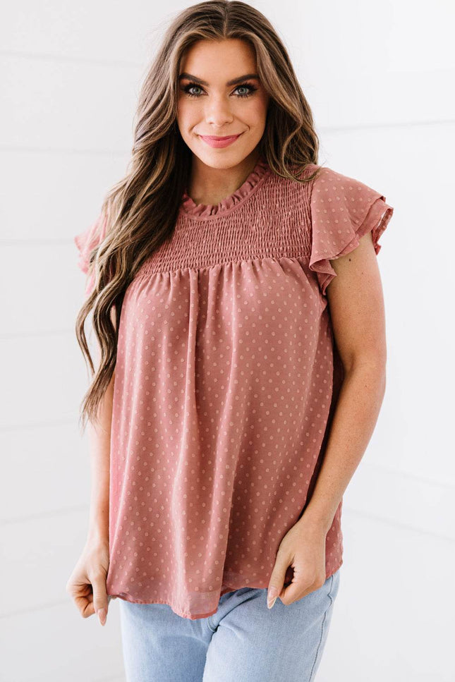 Polka Dot Smocked Flutter Sleeve Blouse - MimiStylez