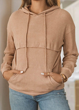 Waffle-Knit Drawstring Kangaroo Pocket Hoodie - MimiStylez