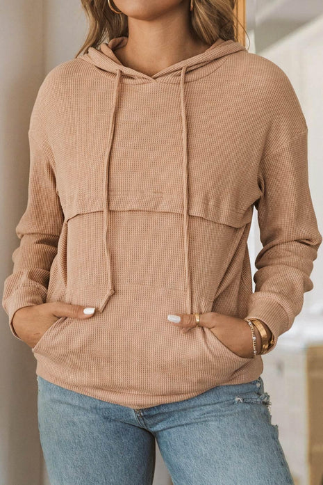 Waffle-Knit Drawstring Kangaroo Pocket Hoodie - MimiStylez