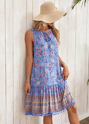 Tie Neck Sleeveless Floral Dress - MimiStylez