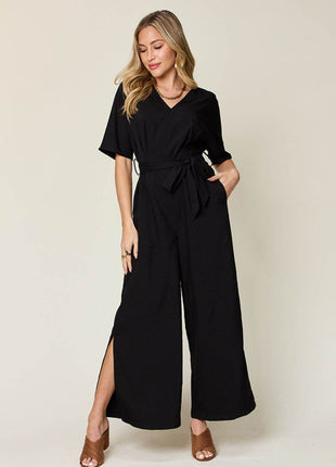 Double Take Full Size V-Neck Tie Front Short Sleeve Slit Jumpsuit - MimiStylez