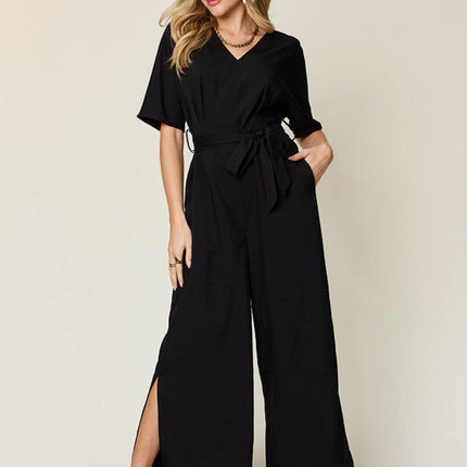Double Take Full Size V-Neck Tie Front Short Sleeve Slit Jumpsuit - MimiStylez