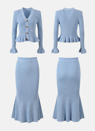 Ruffled V-Neck Top and Midi Skirt Sweater Set - MimiStylez