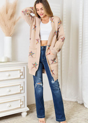 Star Pattern Open Front Longline Cardigan - MimiStylez