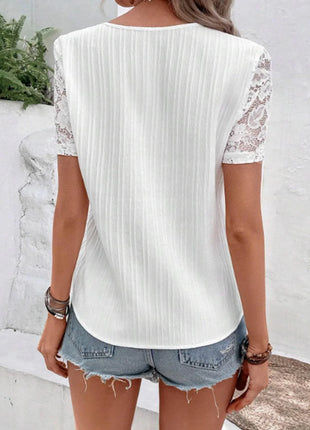Lace V-Neck Short Sleeve Blouse - MimiStylez