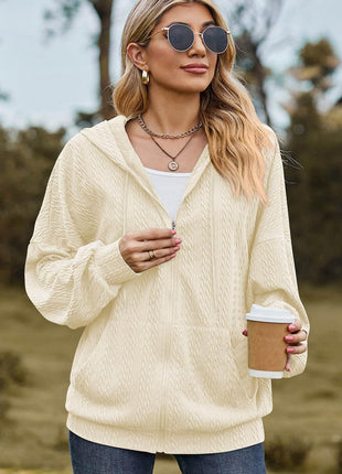 Drawstring Zip Up Dropped Shoulder Hoodie - MimiStylez