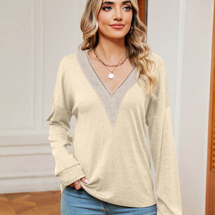 Contrast V-Neck Long Sleeve Blouse - MimiStylez