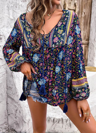 Printed Tie Neck Long Sleeve Blouse - MimiStylez
