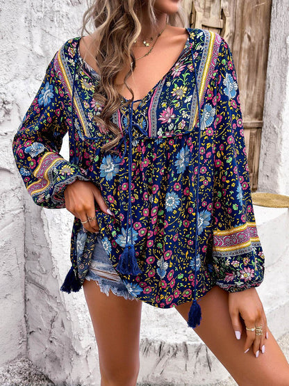 Printed Tie Neck Long Sleeve Blouse - MimiStylez