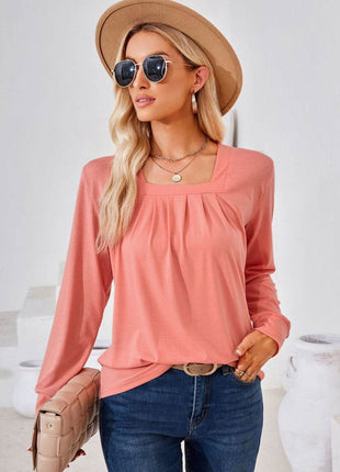 Square Neck Ruched Long Sleeve Blouse - MimiStylez