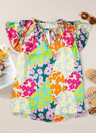 Ruffled Printed Tie Neck Cap Sleeve Blouse - MimiStylez