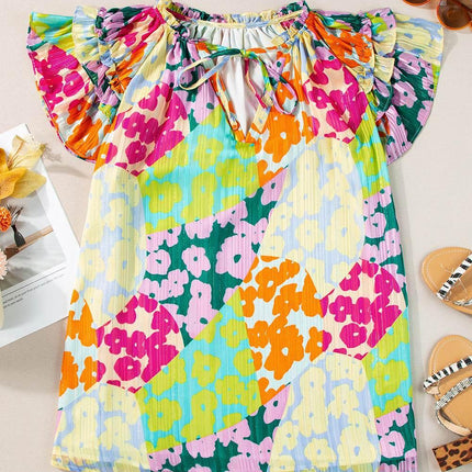 Ruffled Printed Tie Neck Cap Sleeve Blouse - MimiStylez