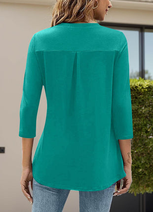 Notched Three-Quarter Sleeve T-Shirt - MimiStylez