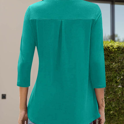 Notched Three-Quarter Sleeve T-Shirt - MimiStylez