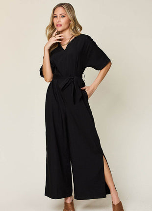 Double Take Full Size V-Neck Tie Front Short Sleeve Slit Jumpsuit - MimiStylez