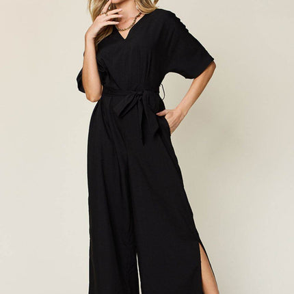Double Take Full Size V-Neck Tie Front Short Sleeve Slit Jumpsuit - MimiStylez