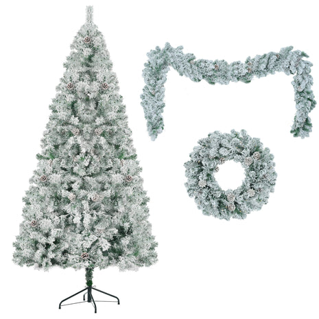 6FT Flocked Pre Lit Christmas Tree - With Tree & Garland & Wreath. - Colored 8 Mode LED Lights and Pine Cones