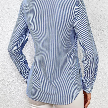 Bow Tie Waist Johnny Collar Neck Striped Blouse - MimiStylez