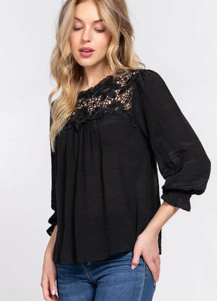 ACTIVE BASIC Crochet Lace Panel Flounce Sleeve Blouse - MimiStylez