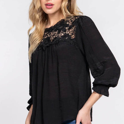 ACTIVE BASIC Crochet Lace Panel Flounce Sleeve Blouse - MimiStylez