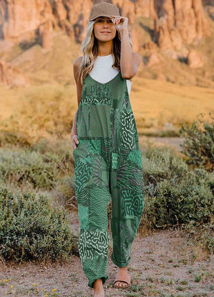 Full Size Printed V-Neck Sleeveless Jumpsuit - MimiStylez