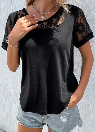 Spliced Lace Round Neck Short Sleeve Top - MimiStylez