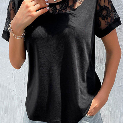 Spliced Lace Round Neck Short Sleeve Top - MimiStylez