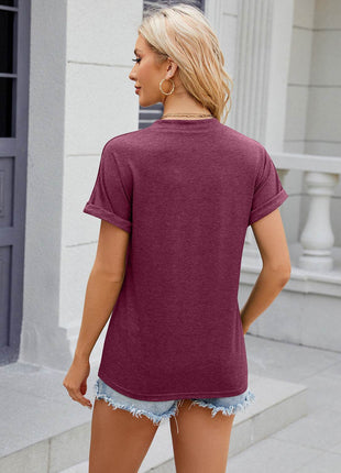 Decorative Button Notched Short Sleeve T-Shirt - MimiStylez