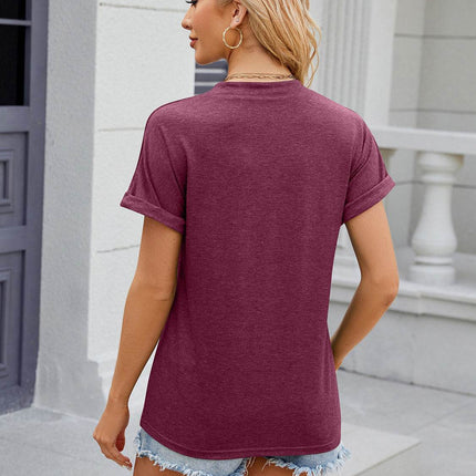 Decorative Button Notched Short Sleeve T-Shirt - MimiStylez