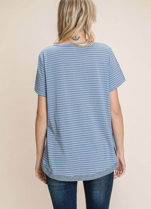 Cotton Bleu by Nu Lab Slit Striped Notched Short Sleeve T-Shirt - MimiStylez