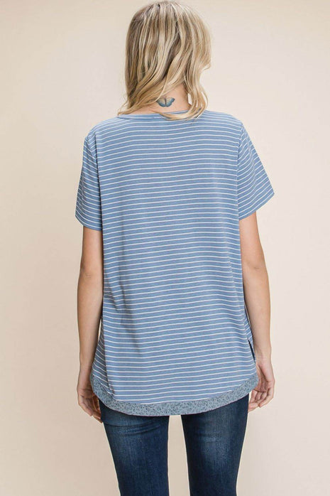 Cotton Bleu by Nu Lab Slit Striped Notched Short Sleeve T-Shirt - MimiStylez
