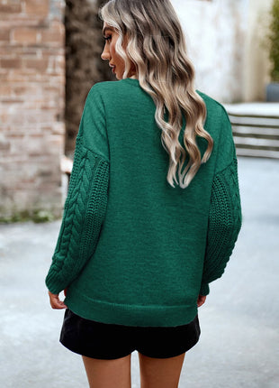 Cable-Knit Round Neck Drop Shoulder Sweater