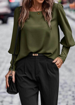 Round Neck Lantern Sleeve Blouse - MimiStylez