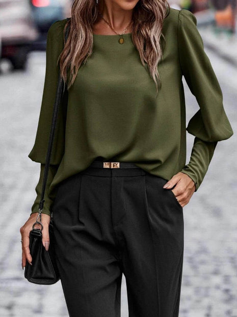 Round Neck Lantern Sleeve Blouse - MimiStylez