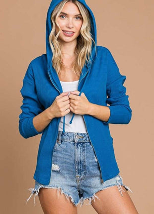 Culture Code Full Size Ribbed Zip Up Drawstring Hooded Jacket - MimiStylez