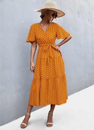 Printed V-Neck Flutter Sleeve Belted Dress - MimiStylez