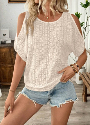 Eyelet Cold Shoulder Round Neck Blouse - MimiStylez