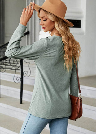 Notched Neck Long Sleeve Buttoned Blouse - MimiStylez