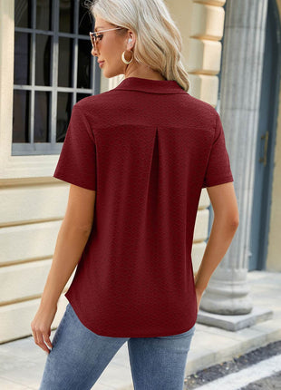 Pocketed Johnny Collar Short Sleeve Blouse - MimiStylez