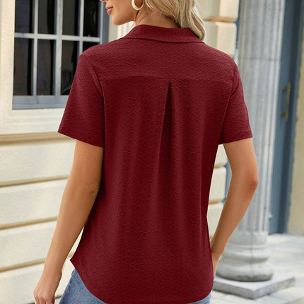 Pocketed Johnny Collar Short Sleeve Blouse - MimiStylez