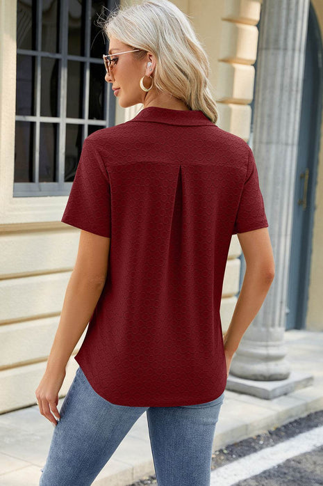 Pocketed Johnny Collar Short Sleeve Blouse - MimiStylez