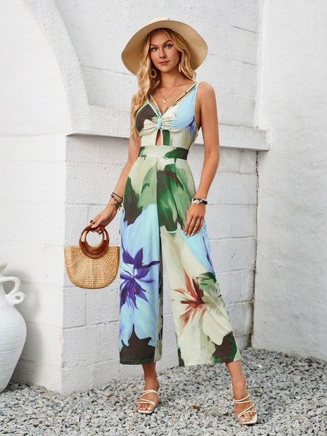 Cutout Printed Wide Strap Jumpsuit - MimiStylez