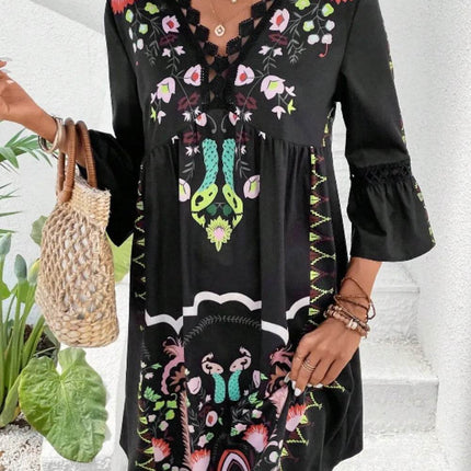 Lace Detail Printed Three-Quarter Sleeve Dress - MimiStylez